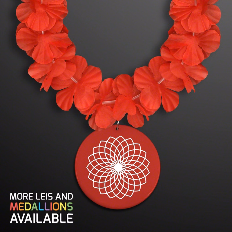 Red Flower Lei Necklace with Medallion (Non-Light Up)