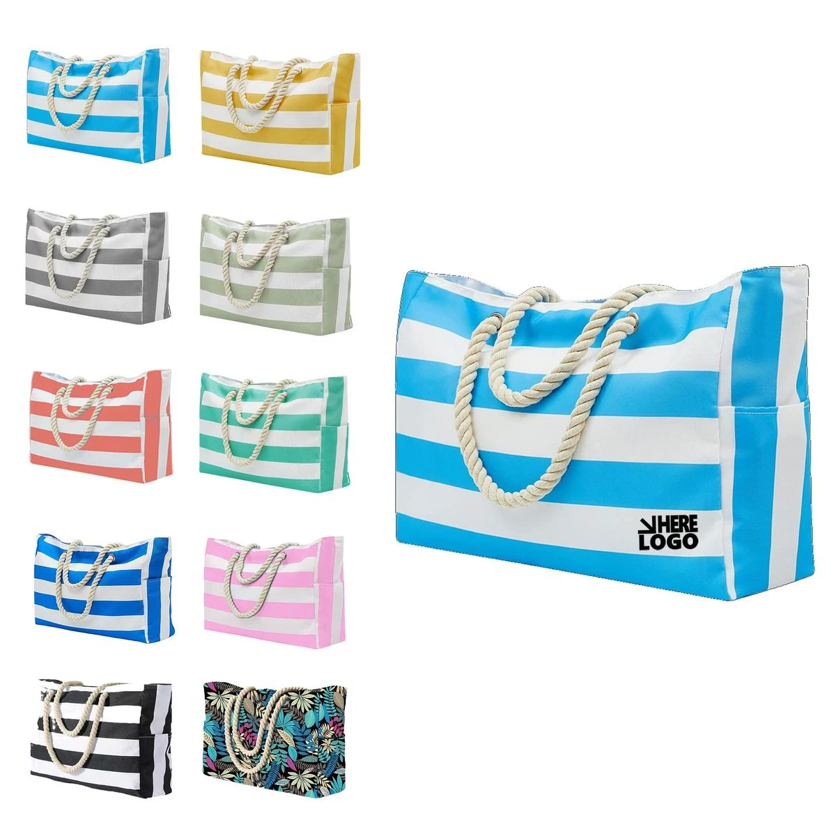 Large Waterproof Beach Tote Bag Zipper, custom tote bag with logo imprint 1
