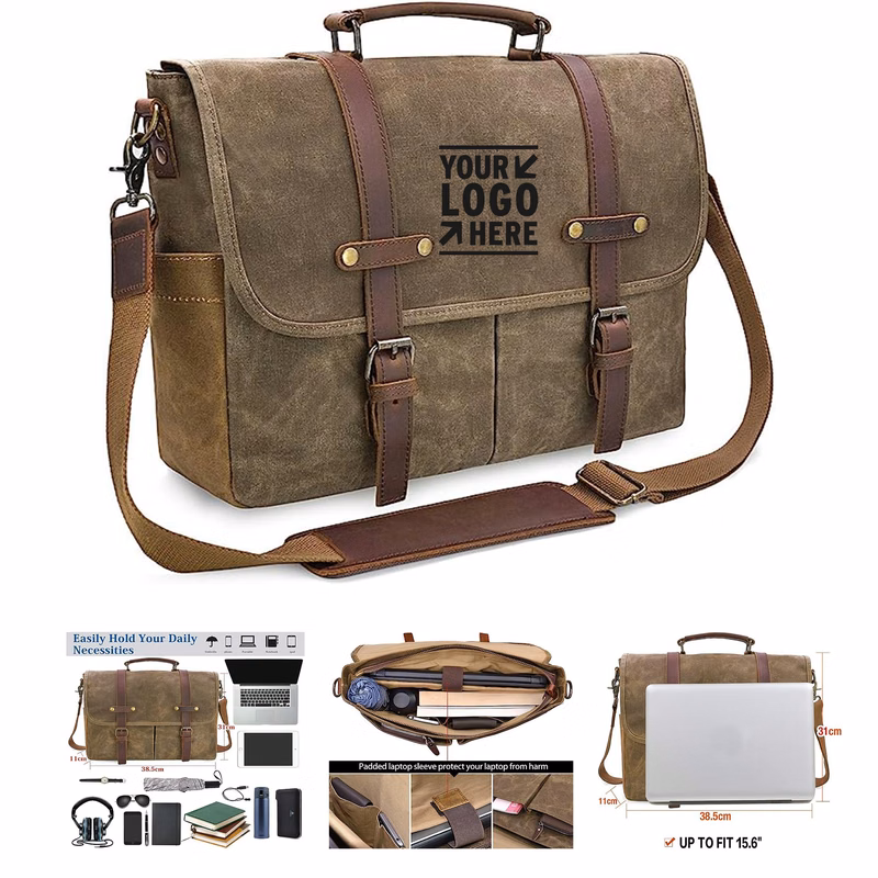 15.6 Inch Mens Waterproof Vintage Genuine Leather Waxed Large Satchel Shoulder Messenger Bag