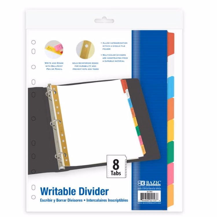 Writable Paper Dividers - 8 Count Assorted Color Tabs