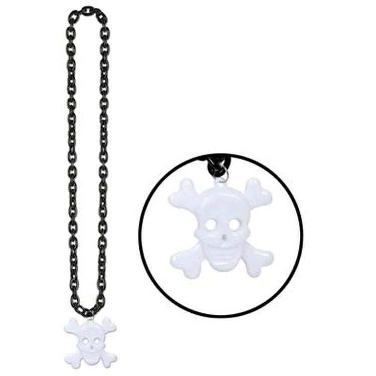 Black Chain Beads w/ Skull & Crossbones Medallion 1