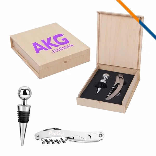 Custom Stainless Steel Wine Opener Set Wooden Box — Premium Corporate Hospitality Gift