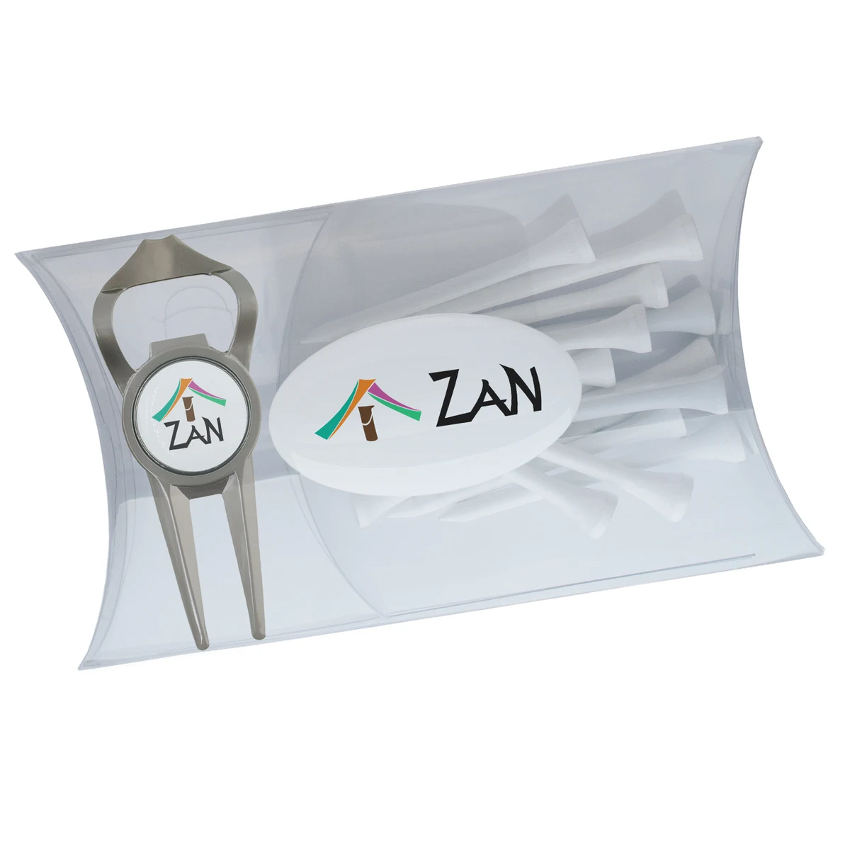 Clear Pillow Pack Golf Gift Set - Divot Tool w/ Bottle Opener & Tees 1