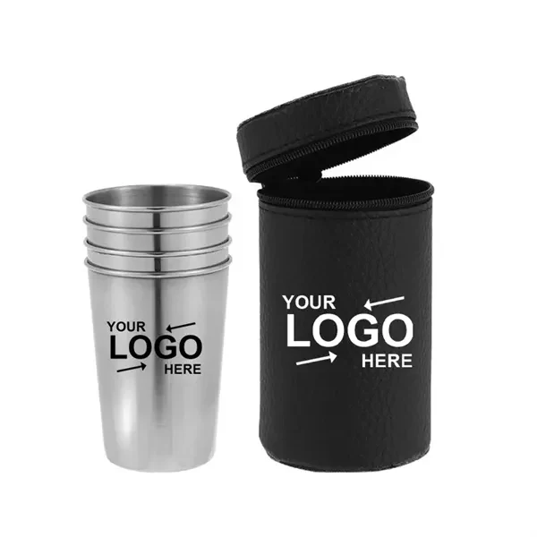 Custom Stainless Steel Portable Cup Set With Leather Carrier — Office Travel Kit 1