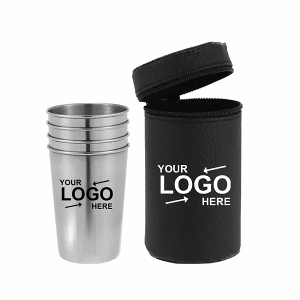 Custom Stainless Steel Portable Cup Set With Leather Carrier — Office Travel Kit