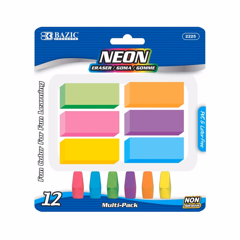 Eraser Sets - 12 Count Assorted Neon 6 Bevel & 6 Cap