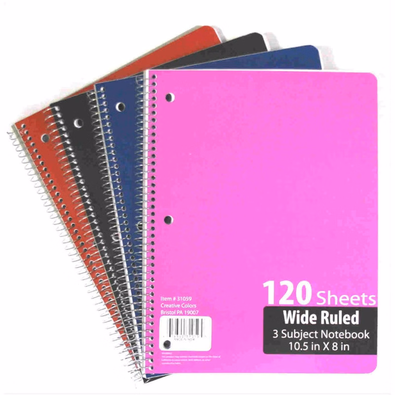 3 Subject Wide Ruled Spiral Notebook - 120 Sheets
