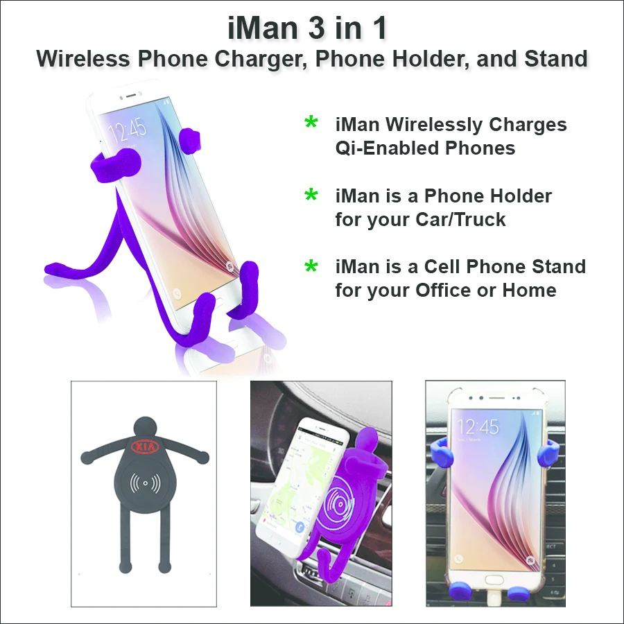 iMan 3 in 1 Wireless Phone Charger, Phone Holder, and Stand - Purple 1