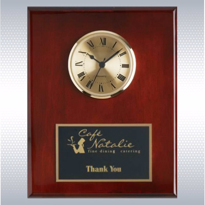 Piano Finish Solid Wood Plaque W/ Clock (8" X 10")
