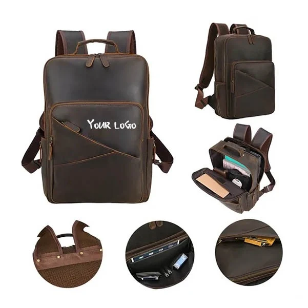 Vintage Full Grain Leather Business Laptop Travel Backpack Multi Pockets 1
