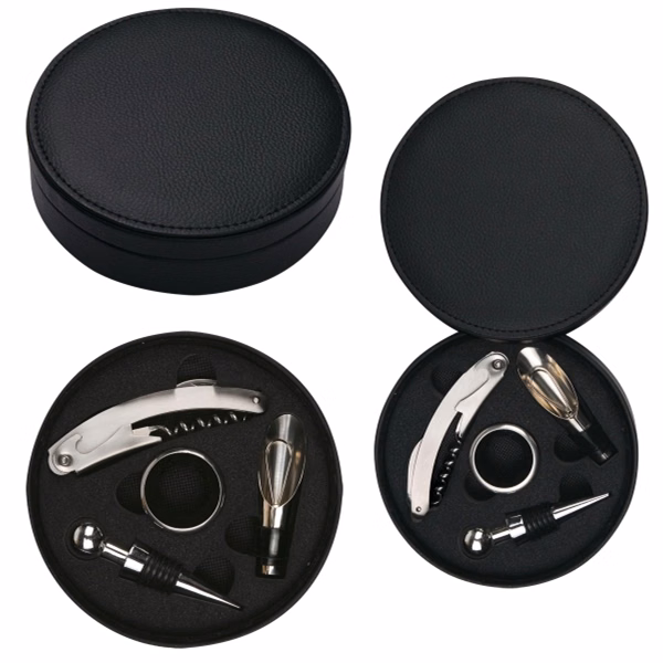 4 PC Leatherette Case Wine Opener Set & Corkscrew