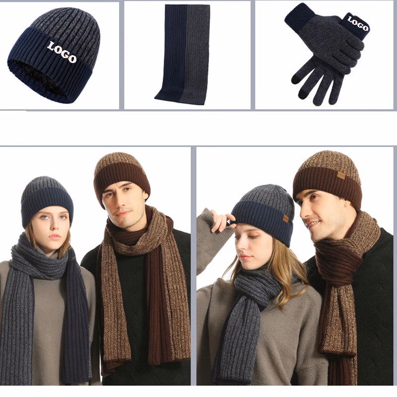 Unisex Winter Knitted Beanie Hat Scarf Touchscreen Gloves Set