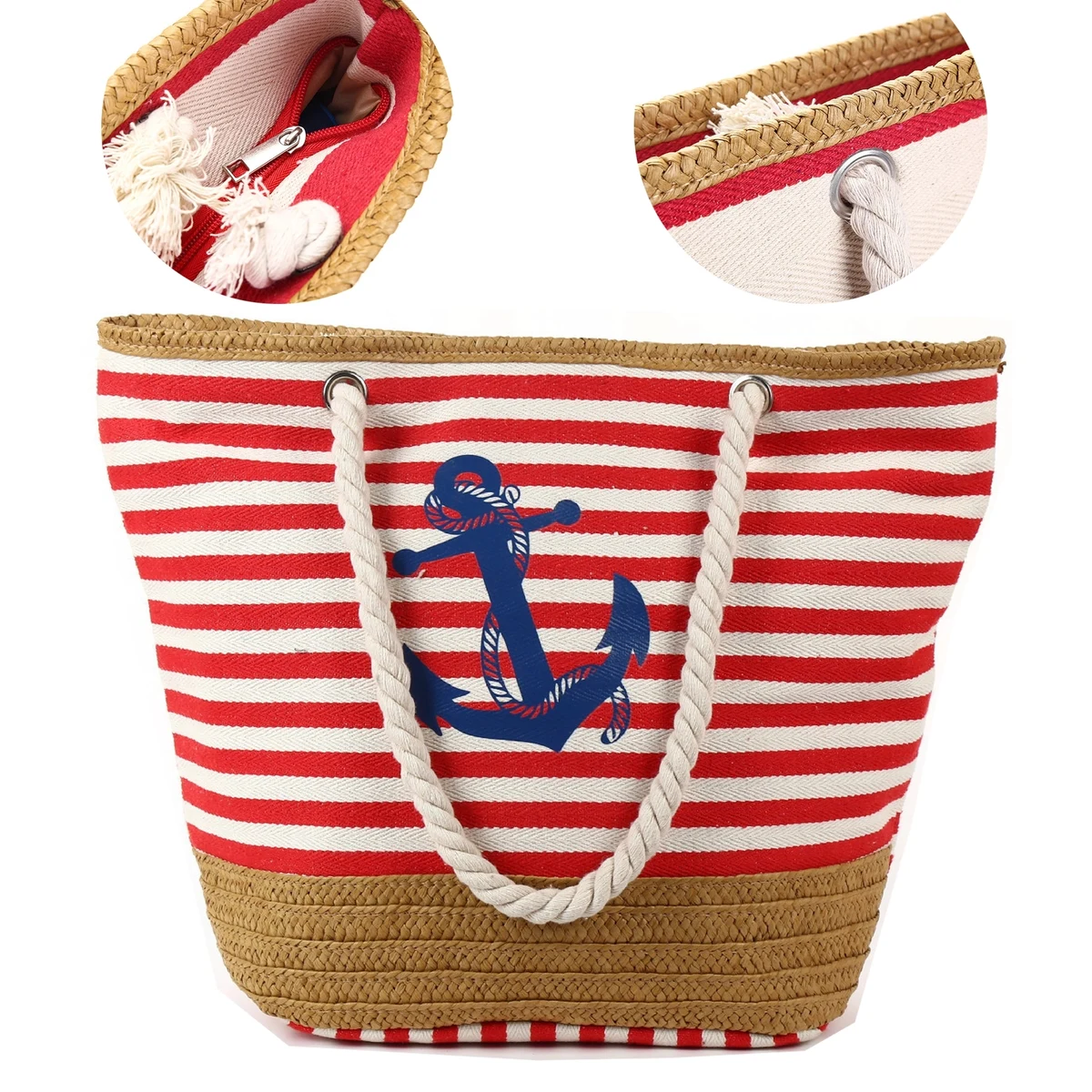 Striped Canvas Straw Woven Tote Bag 1