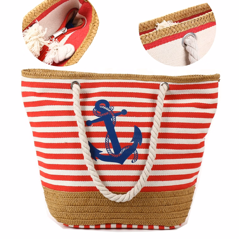 Striped Canvas Straw Woven Tote Bag