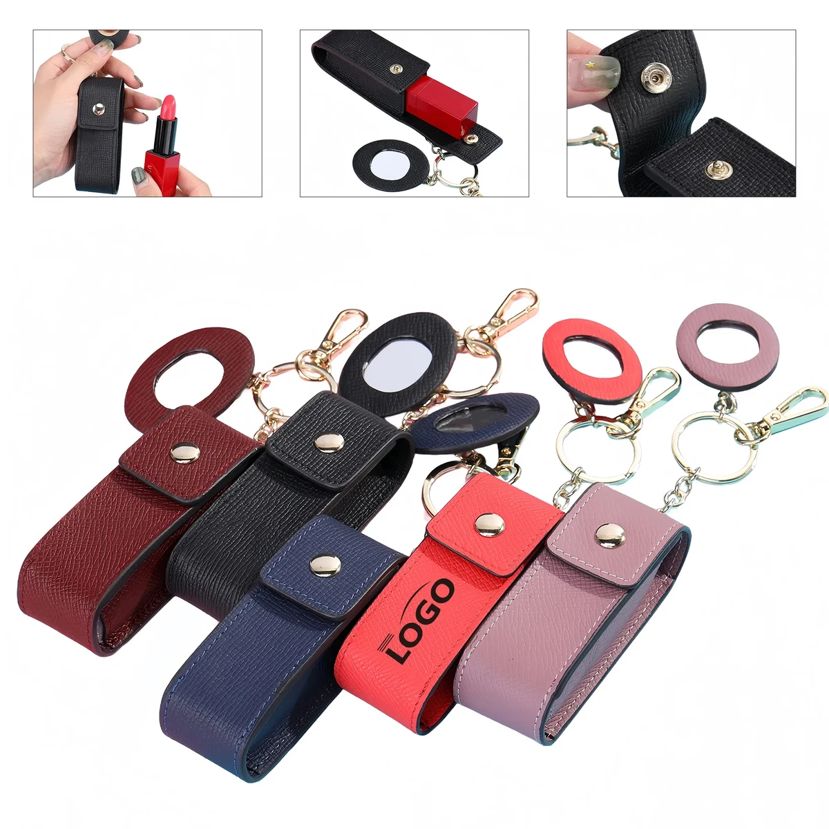 Leather Lipstick Perfume Keychain Organizer With Mirror 1