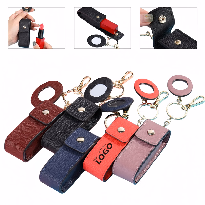 Leather Lipstick Perfume Keychain Organizer With Mirror
