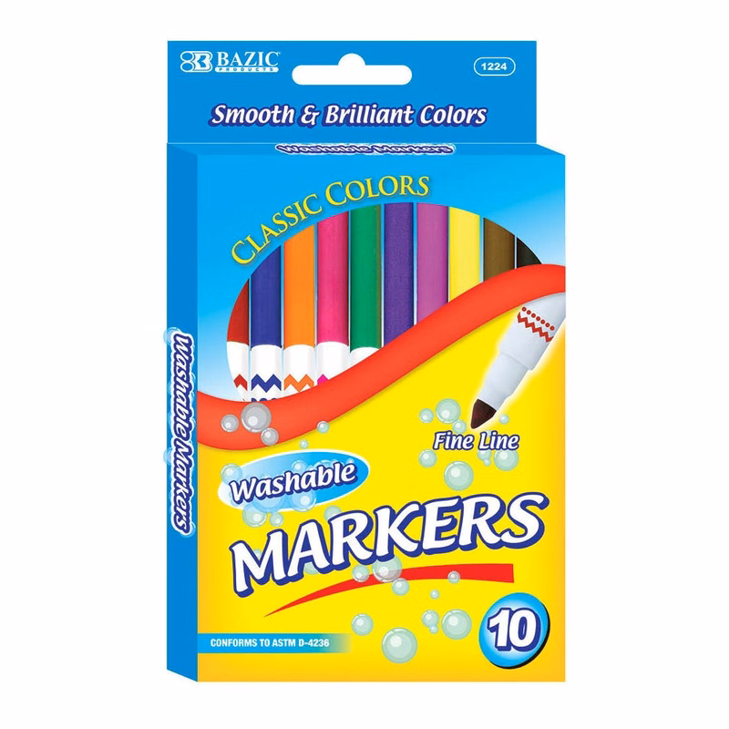 Markers - 10 Count Washable Assorted Colors