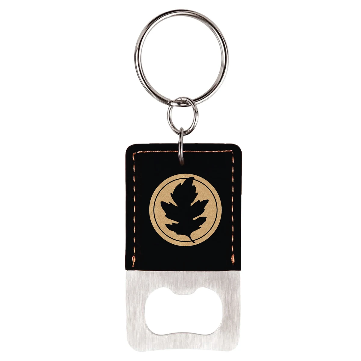 Black/Gold Rectangle Leatherette Bottle Opener Keychain 1