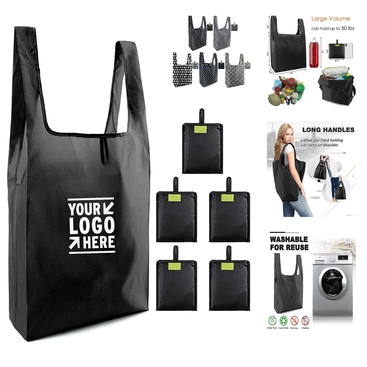 Machine Washable Attach Pocket Black Shopping Foldable Large Grocery Reusable Tote Bag 1