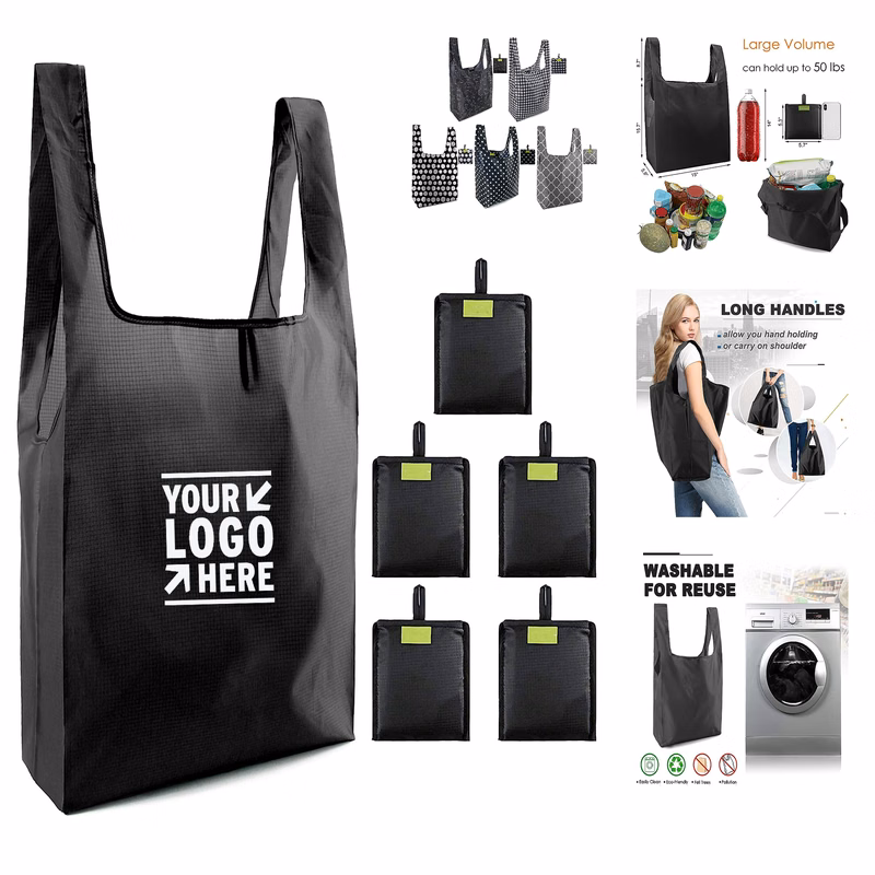 Machine Washable Attach Pocket Black Shopping Foldable Large Grocery Reusable Tote Bag