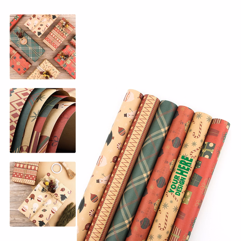 MOQ 50 Vintage Christmas Kraft Gift Wrapping Paper Set