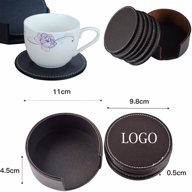 Set of 6pc Round PU Leather Coaster