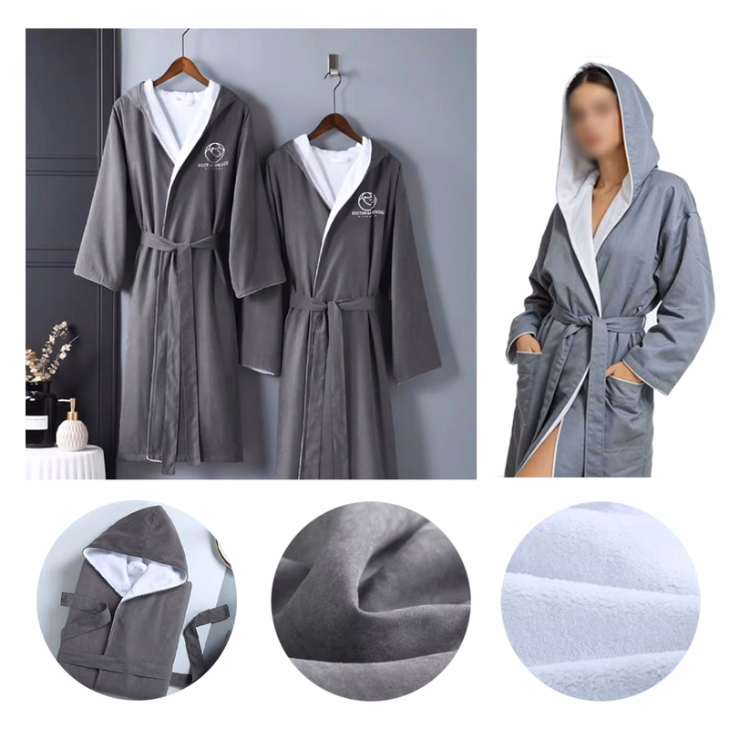 Peach Skin & Coral Fleece Blend Double-Layer Hooded Bathrobe