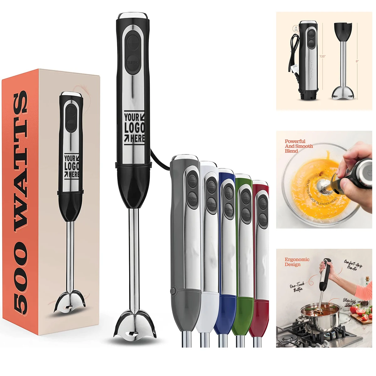 Electric Hand Blender 500 Watt with Turbo Mode, Detachable Base 1