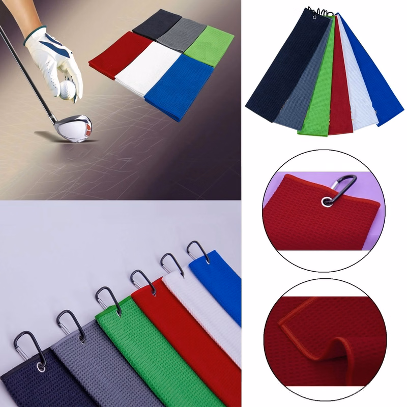 Microfiber Waffle Pattern Tri-fold Golf Towel W/Carabiner