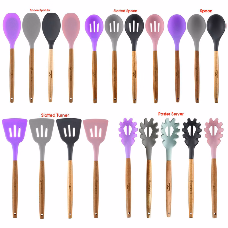 Silicone Cooking or Serving Utensil with Wooden Handle – Sold Individually or as a Set