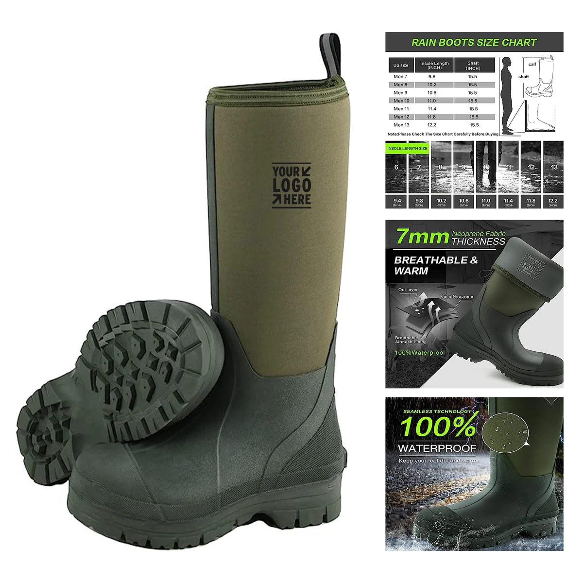 7 mm Neoprene Insulated Rain Boots with Steel Shank 1