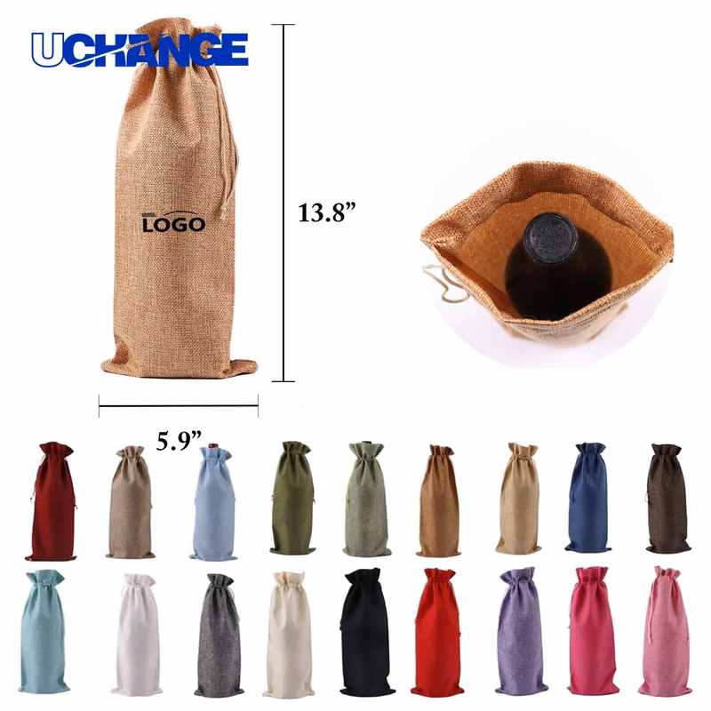 Burlap Drawstring Wine Gift Bag Set