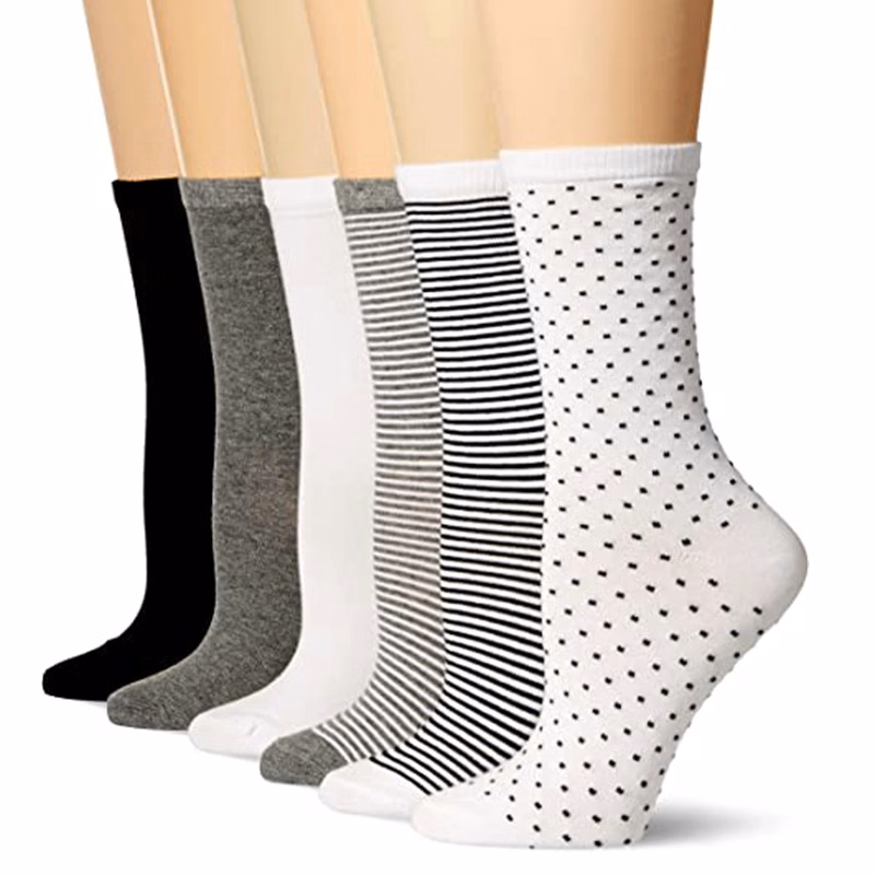 Flat Knit Cotton Crew Dress Socks with All Over Desig