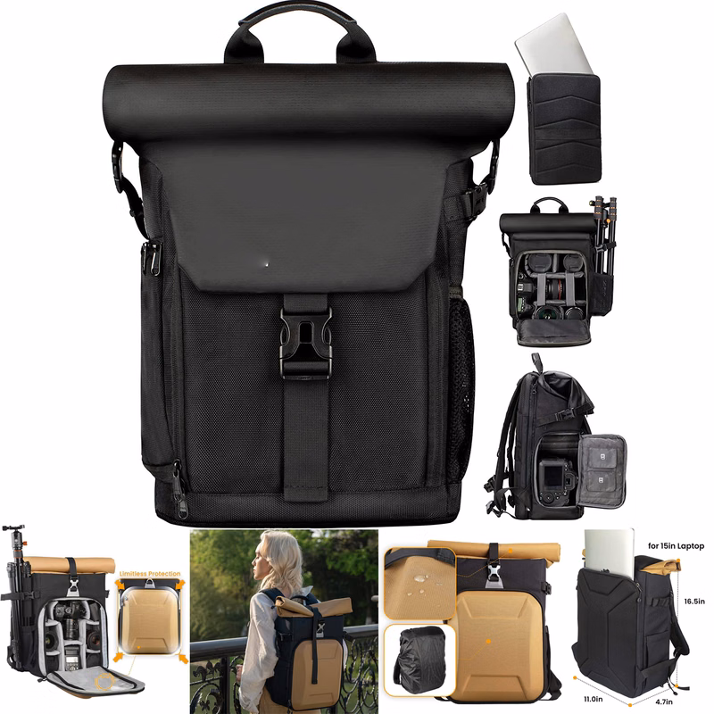 Hard Shell Roll Top Expandable Large Camera Backpack