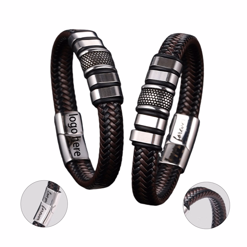 Vintage Stainless Steel and Leather Bracelet