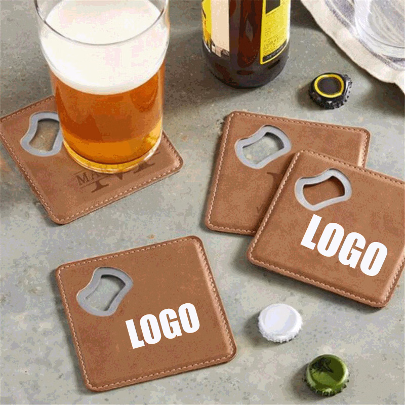 Stainless Steel and PU Leather Coaster & Bottle Opener/2 IN 1 Square Leather Coaster Bottle Opener