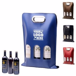 Elegant 3 Bottle PU Leather Wine Bag With Window And Metal Handle