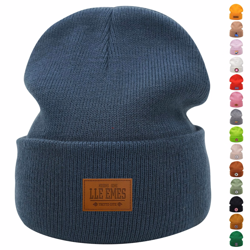 Embroidery Curled Solid Classic Beanie Knitted Cap