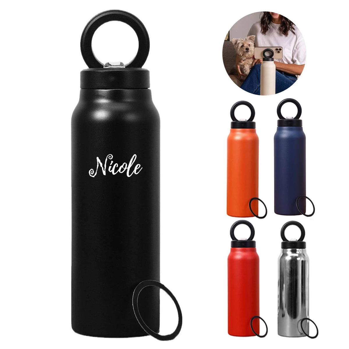 24Oz Insulated Bottle W/ Magnetic Phone Holder Lid, custom water bottle with logo imprint 1