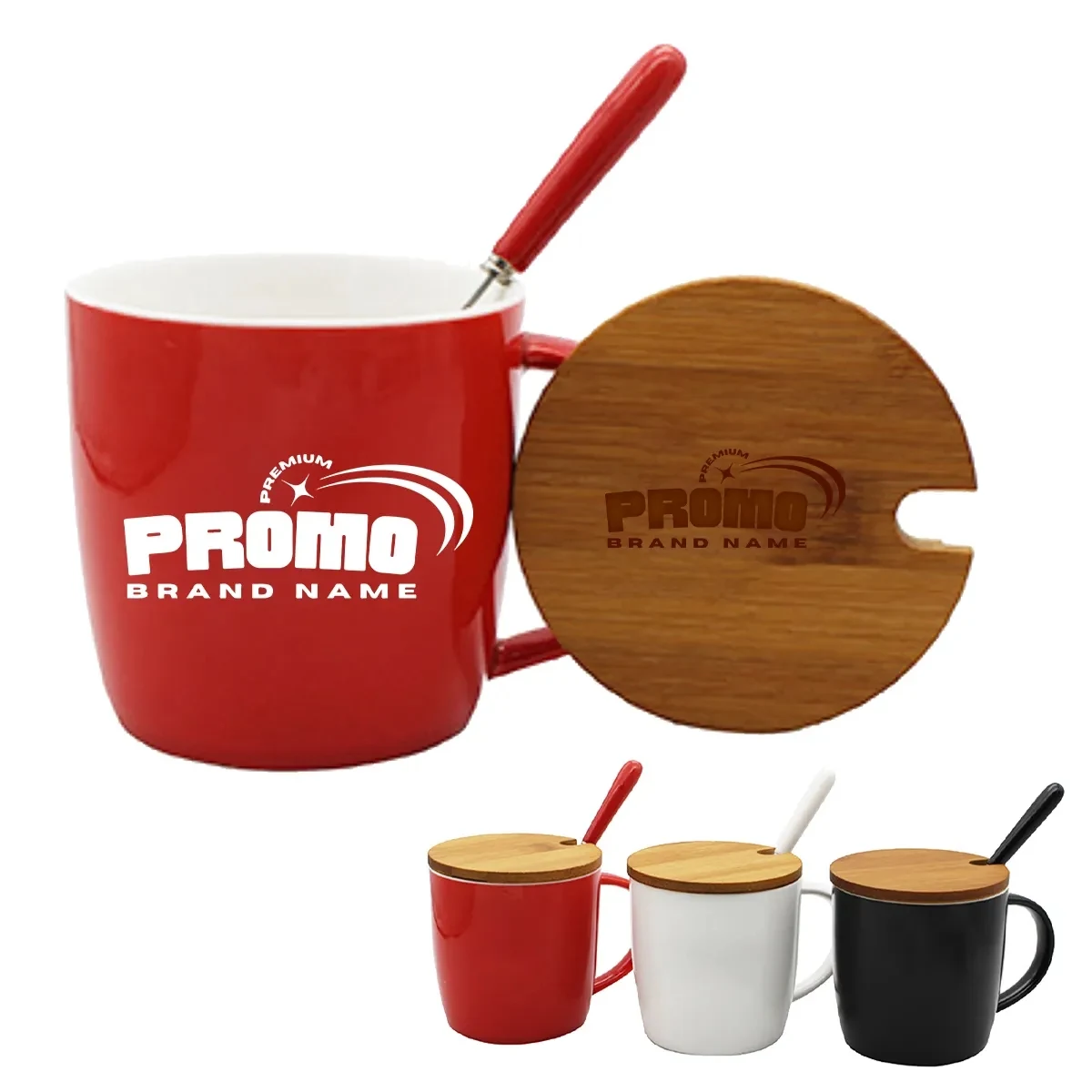 16oz. Ceramic Coffee Cup Mug with Spoon and Wooden Lid 1