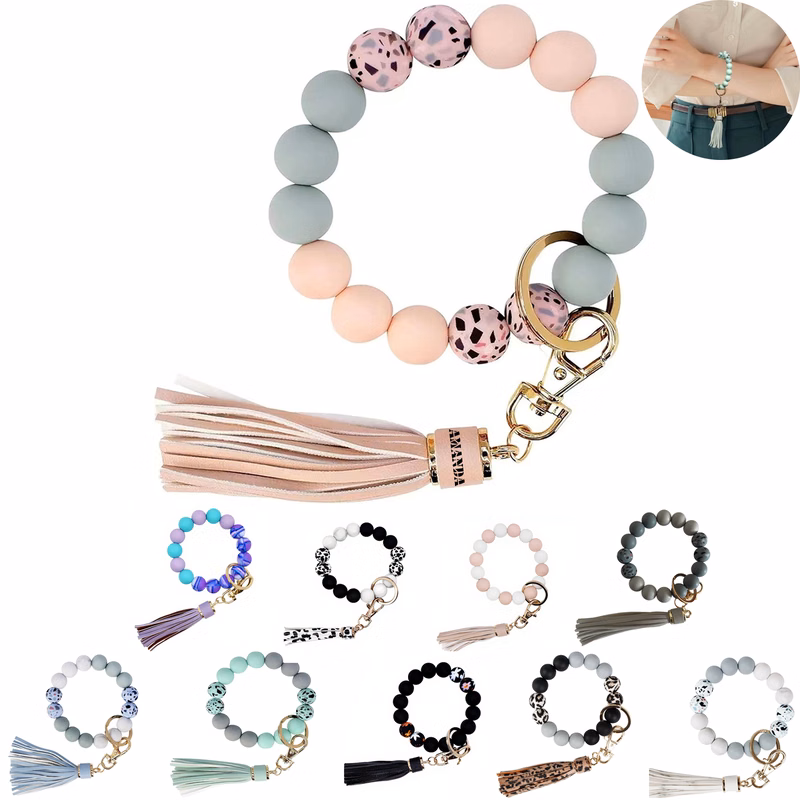 Silicone Beaded Tassel Bracelet Keychain