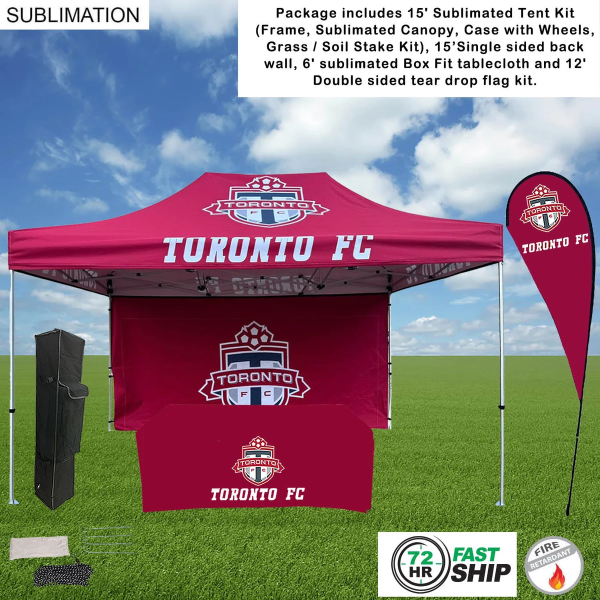 72Hr Fast Ship - Deluxe Tent Flag Package, 15' Tent, 15' Backwall, Tablecloth, Double sided Flag Kit 1