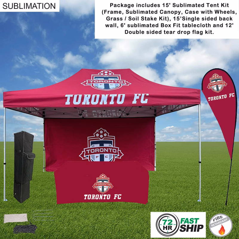 72Hr Fast Ship - Deluxe Tent Flag Package, 15' Tent, 15' Backwall, Tablecloth, Double sided Flag Kit