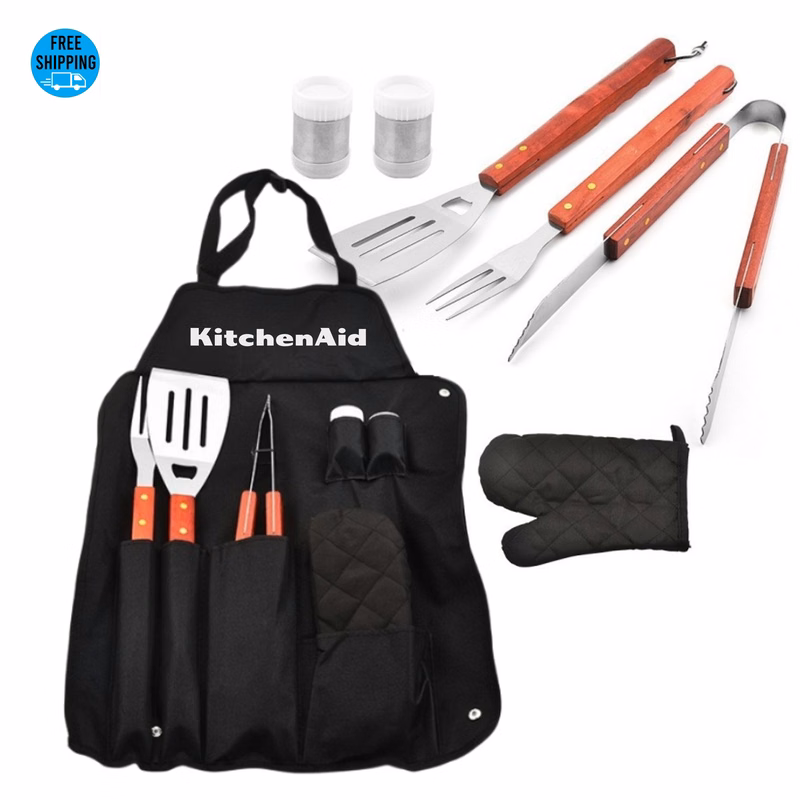 6-Piece Apron & Large Size BBQ Tool Set - OCEAN