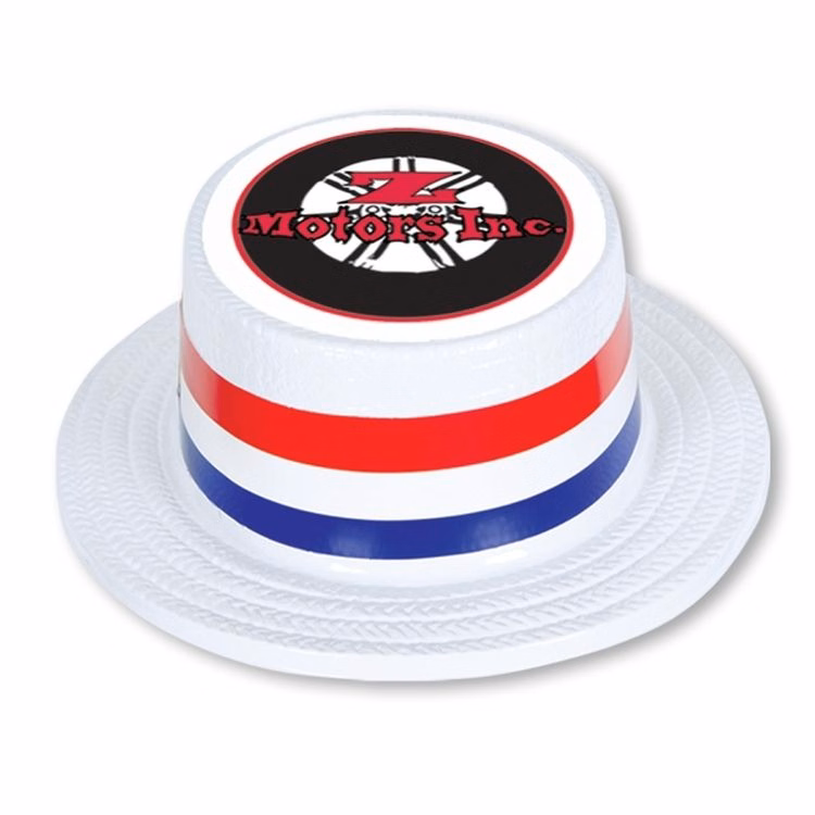 White Plastic Skimmer Hat w/ Custom Digital Printed Band & Icon on Top