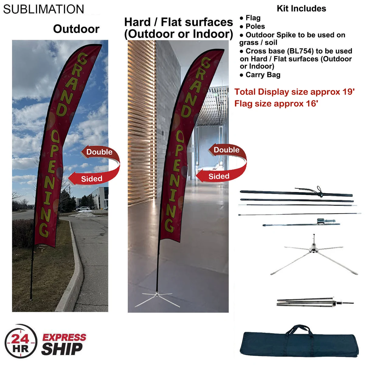 24Hr Express Ship - 19' XL Feather Flag Kit, Full Color Graphics Double Sided, Outdoor & Indoor Use 1