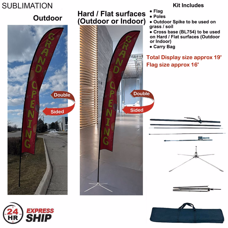 24Hr Express Ship - 19' XL Feather Flag Kit, Full Color Graphics Double Sided, Outdoor & Indoor Use