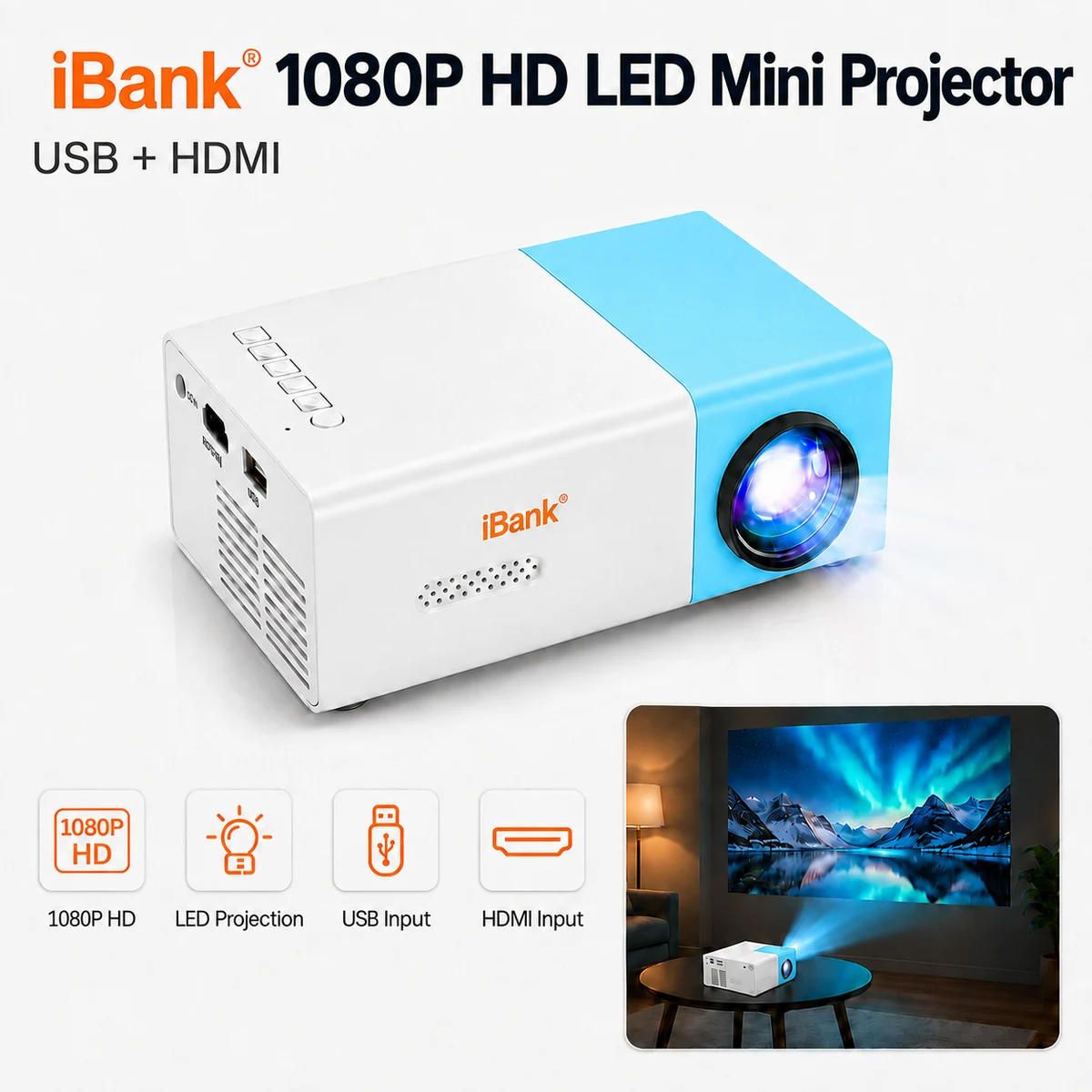 iBank® Mini Portable HD LED Projector - 1080P Home Cinema with USB, HDMI, AV 1