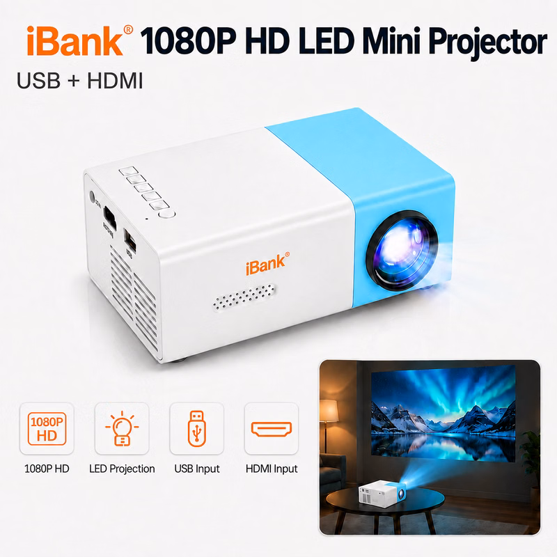 iBank® Mini Portable HD LED Projector - 1080P Home Cinema with USB, HDMI, AV