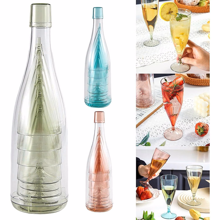 Reusable plastic wine champagne flutes with storage bottle